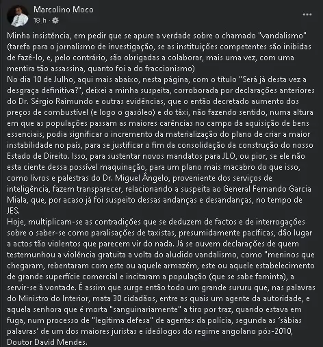 Marcolino Moco defende apuramento da verdade sobre actos de vandalismo