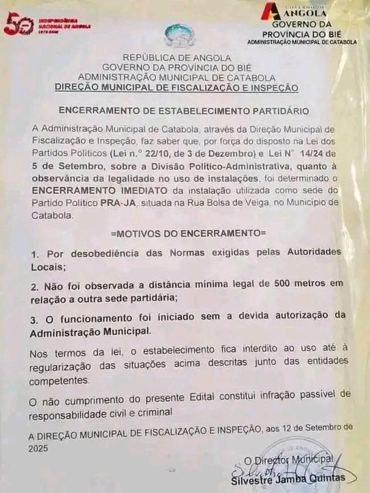 Sede do PRA-JA em Catabola alvo de encerramento pelas autoridades municipais, segundo comunicado do partido.