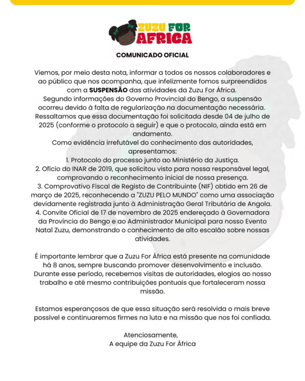 Autoridades do Bengo suspendem actividades da ONG Zuzu for Africa por falta de documentação