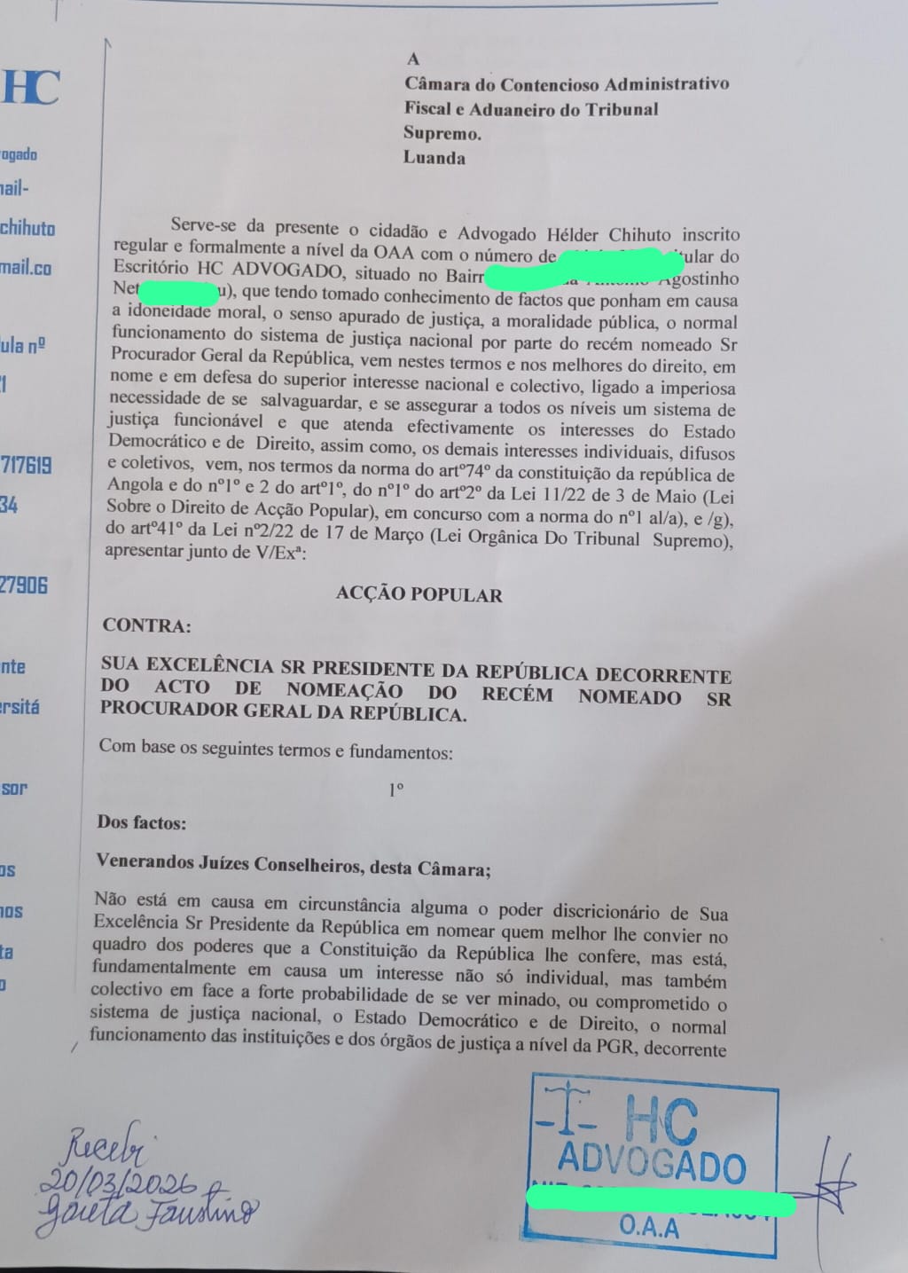 Hélder Chihuto move acção popular contra nomeação do PGR