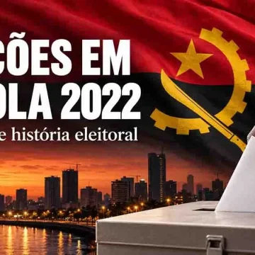 Ilustração de uma mão a colocar um boletim numa urna, com a bandeira de Angola e a cidade de Luanda ao fundo.